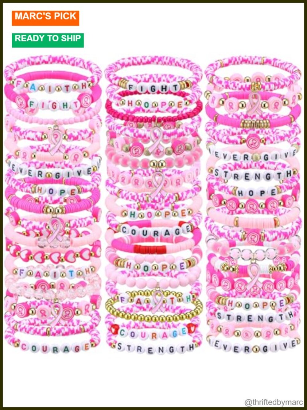 Breast Cancer Awareness Bracelets Set of 50 Pink Ribbon Polymer Clay Bead